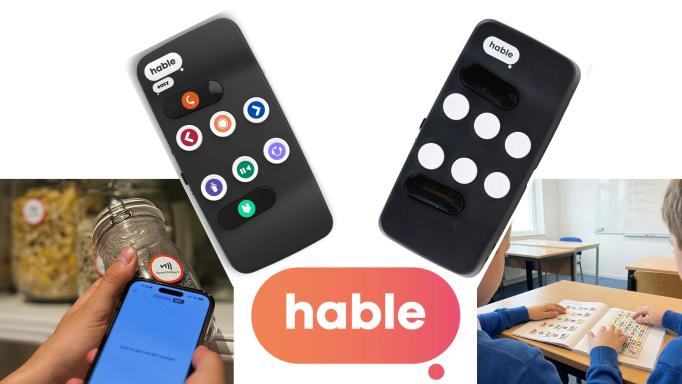 The hable logo (an orange oval with the word hable in simple white text) surrounded by photos of several products including Hable One, Hable Easy, SpeechLabel in use, and 2 people looking at StackTiles.